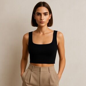Nicole Miller Collection Black Ribbed Square Neck Tank Crop Top‎ Size S